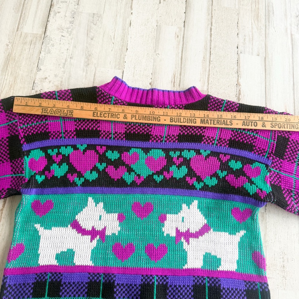Vintage 80s Purple Green Scottie Dog Knit Sweater Hearts Plaid Girls 10-12 - Picture 11 of 11